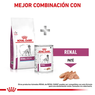 Royal Canin Renal Special pienso y Royal Canin Renal paté para perros, texto: 'Mejor combinación con', 'Renal', 'Paté'. Imagen de ambos productos y comida húmeda visible.