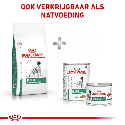 Royal Canin Satiety Weight Management droog- en natvoeding voor honden. Tekst: Ook verkrijgbaar als natvoeding.