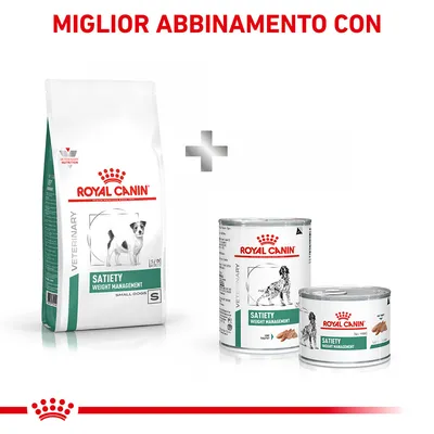 Royal Canin Satiety Weight Management per cani: sacco di crocchette Small Dogs e due lattine di umido, testo visibile 'Miglior abbinamento con'.