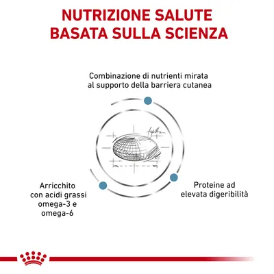 Nutrizione salute basata sulla scienza. Combinazione di nutrienti mirata al supporto della barriera cutanea, arricchito con acidi grassi omega-3 e omega-6, proteine ad elevata digeribilità.