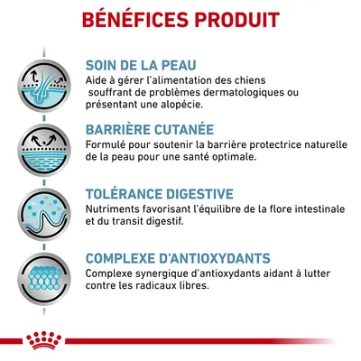 BÉNÉFICES PRODUIT : soin de la peau, barrière cutanée, tolérance digestive, complexe d’antioxydants. Textes détaillant chaque bénéfice visibles sur l’image.