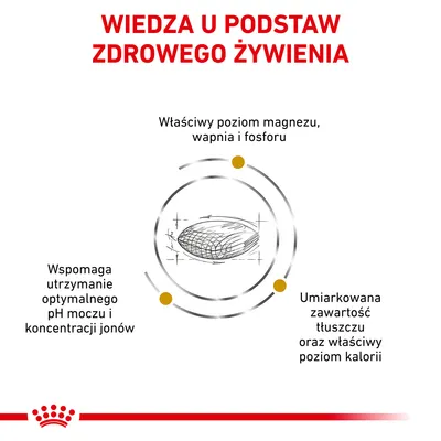 Wiedza u podstaw zdrowego żywienia: właściwy poziom magnezu, wapnia i fosforu; wspomaga utrzymanie optymalnego pH moczu i jonów; umiarkowana zawartość tłuszczu i kalorii.