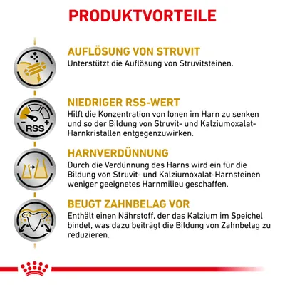 Produktvorteile: Auflösung von Struvit, niedriger RSS-Wert, Harnverdünnung und beugt Zahnbelag vor. Unterstützt die Gesundheit von Harnwegen und reduziert Zahnsteinbildung.