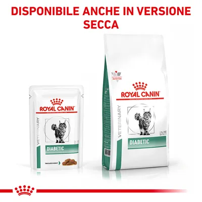 Royal Canin Veterinary Diabetic per gatti, bustina e sacco visibili. Testo: Disponibile anche in versione secca.