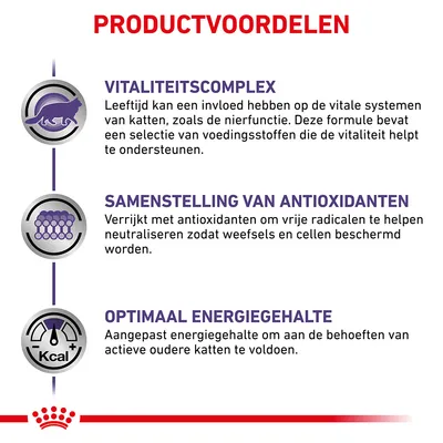 PRODUCTVOORDELEN: Vitaliteitscomplex ondersteunt vitale systemen van katten; samenstelling van antioxidanten beschermt cellen; optimaal energiegehalte voor actieve oudere katten.