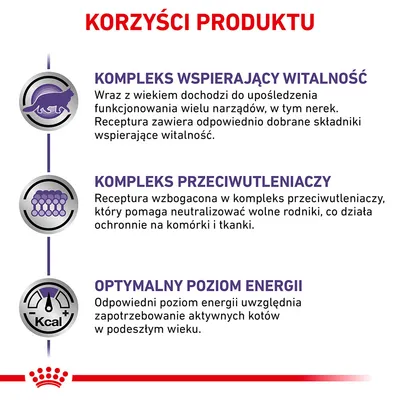 Korzyści produktu: kompleks wspierający witalność, kompleks przeciwutleniaczy, optymalny poziom energii. Szczegółowe opisy dotyczą wsparcia narządów, ochrony komórek i energii dla kotów.