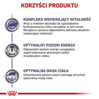 Korzyści produktu: kompleks wspierający witalność, optymalny poziom energii dla starszych kotów, umiarkowany poziom kalorii pomaga utrzymać optymalną masę ciała.