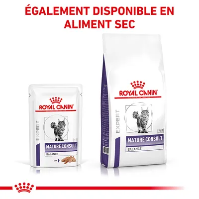 ROYAL CANIN EXPERT Mature Consult Balance pour chat, sachet et sac visibles. Texte en haut : ÉGALEMENT DISPONIBLE EN ALIMENT SEC.