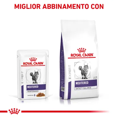 ROYAL CANIN EXPERT Neutered Maintenance bustina e Neutered Satiety Balance sacco per gatti, testo visibile: MIGLIOR ABBINAMENTO CON