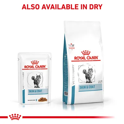 Royal Canin Veterinary Skin & Coat food shown in wet and dry packaging. Text above states: Also available in dry.
