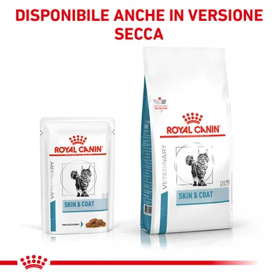ROYAL CANIN VETERINARY SKIN & COAT per gatti, bustina e sacco visibili. Testo in alto: DISPONIBILE ANCHE IN VERSIONE SECCA.