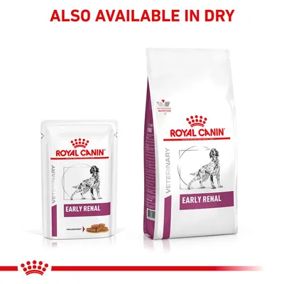 ROYAL CANIN VETERINARY EARLY RENAL wet and dry dog food packaging, text above reads 'ALSO AVAILABLE IN DRY'