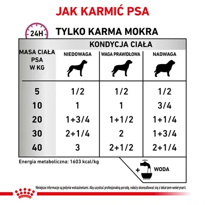 Tabela żywienia psa mokrą karmą: dawki dzienne wg masy ciała (5–40 kg) i kondycji (niedowaga, waga prawidłowa, nadwaga). Energia metaboliczna: 1603 kcal/kg. Woda obowiązkowa.