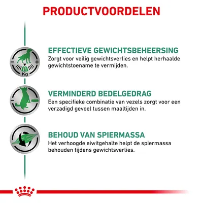 PRODUCTVOORDELEN: Effectieve gewichtsbeheersing, verminderd bedelgedrag, behoud van spiermassa. Uitleg over veilig gewichtsverlies, verzadigd gevoel en behoud van spiermassa.