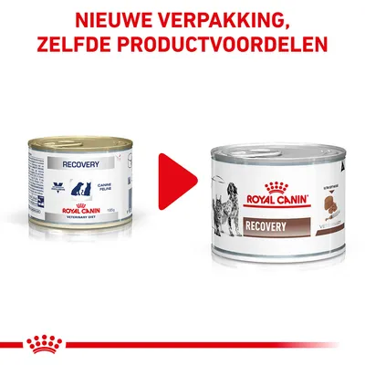 Royal Canin Recovery natvoer blik, oude en nieuwe verpakking naast elkaar. Tekst: NIEUWE VERPAKKING, ZELFDE PRODUCTVOORDELEN.