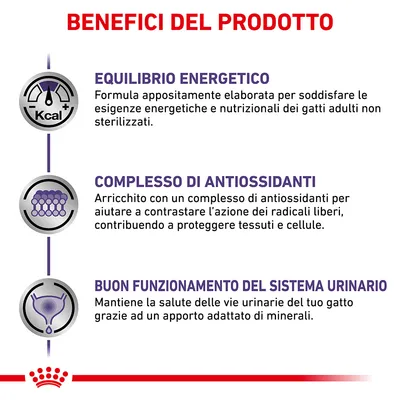 Benefici del prodotto: equilibrio energetico per gatti adulti non sterilizzati, complesso di antiossidanti, buon funzionamento del sistema urinario grazie a minerali adattati.