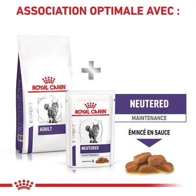 ROYAL CANIN EXPERT ADULT croquettes et ROYAL CANIN EXPERT NEUTERED MAINTENANCE émincé en sauce pour chat, association optimale recommandée visible sur l’image.