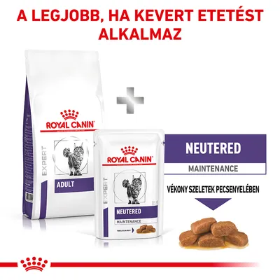 Royal Canin Expert Adult száraz táp és Neutered Maintenance vékony szeletek pecsenyelében macskáknak. A legjobb, ha kevert etetést alkalmaz felirat látható.
