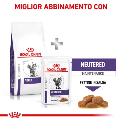 Royal Canin Expert Adult e Royal Canin Expert Neutered Maintenance, fettine in salsa. Testo: Miglior abbinamento con, Neutered Maintenance, Fettine in salsa.