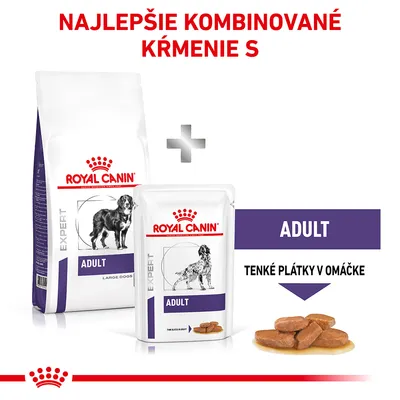 Royal Canin Expert Adult krmivo pre veľké psy, kombinácia suchého a mokrého krmiva. Text: ADULT, tenké plátky v omáčke. Balenie granúl a kapsička s obrázkom psa.