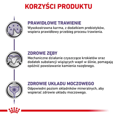 Korzyści produktu: prawidłowe trawienie, zdrowe zęby, zdrowie układu moczowego. Opis działania prebiotyków, czyszczenia krokietów i poziomu składników mineralnych.