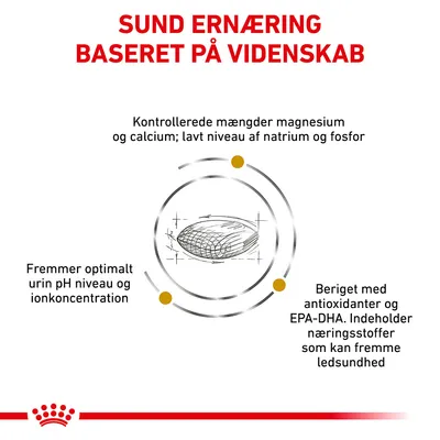 Sund ernæring baseret på videnskab. Kontrollerede mængder magnesium og calcium; lavt natrium og fosfor. Fremmer optimalt urin pH niveau. Beriget med antioxidanter, EPA-DHA, næringsstoffer for ledsundhed.
