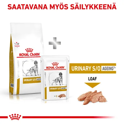 Royal Canin Urinary S/O Ageing 7+ -koiranruoka, kuivaruoka ja märkäruokapussi. Teksti: Saatavana myös säilykkeenä, URINARY S/O AGEING 7+, LOAF.