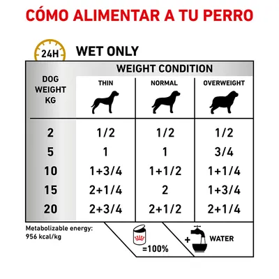 Tabla de alimentación para perros según peso (2–20 kg) y condición corporal (delgado, normal, sobrepeso). Incluye raciones diarias solo húmedo. Energía metabolizable: 956 kcal/kg.