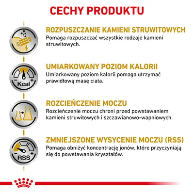 Cechy produktu: rozpuszczanie kamieni struwitowych, umiarkowany poziom kalorii, rozcieńczenie moczu, zmniejszone wysycenie moczu (RSS).