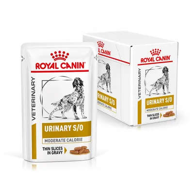 Royal Canin Veterinary Urinary S/O Moderate Calorie Thin Slices in Gravy vådfoder til hund, synlig pose og æske med hundebillede og produktnavn.