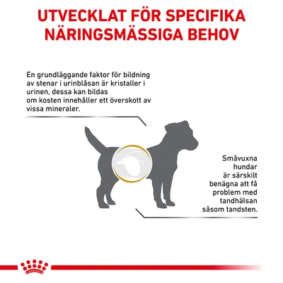 UTVECKLAT FÖR SPECIFIKA NÄRINGSMÄSSIGA BEHOV. En grundläggande faktor för bildning av stenar i urinblåsan är kristaller i urinen. Småvuxna hundar är särskilt benägna att få problem med tandhälsan.