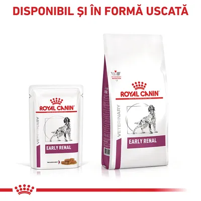 Plic și sac hrană Royal Canin Veterinary Early Renal pentru câini. Text vizibil: DISPONIBIL ȘI ÎN FORMĂ USCATĂ.