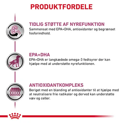 PRODUKTFORDELE: Tidlig støtte af nyrefunktion med EPA+DHA, antioxidanter og lavt fosfor. EPA+DHA understøtter nyrefunktion. Antioxidantkompleks hjælper med at neutralisere frie radikaler.