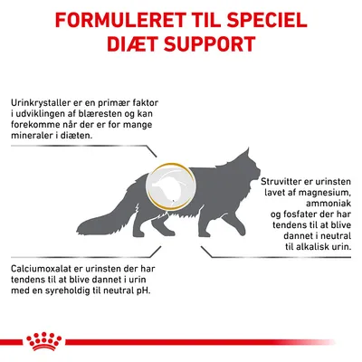 Formuleret til speciel diæt support. Urinkrystaller kan dannes ved for mange mineraler. Struvitter og calciumoxalat beskrevet som typer af urinsten hos kat, med forklaring om pH-forhold.