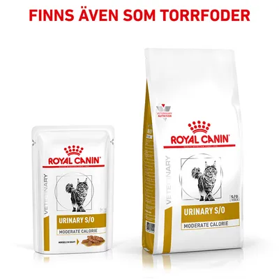 Royal Canin Urinary S/O Moderate Calorie våtfoder och torrfoder för katt. Text: Finns även som torrfoder.