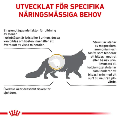 Utvecklat för specifika näringsmässiga behov. Information om urinstenar hos katter, mineralöverskott, struvit- och kalciumoxalatstenar samt att övervikt ökar risken för sjukdom.