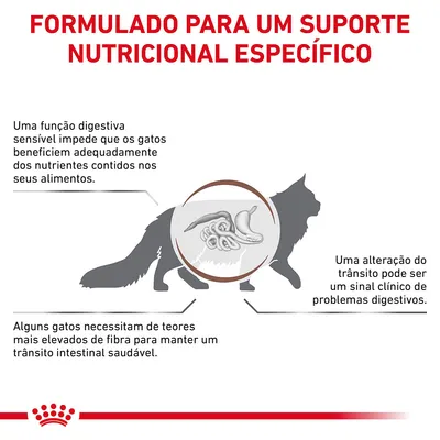 Formulado para um suporte nutricional específico. Função digestiva sensível, necessidade de mais fibra e alterações do trânsito intestinal em gatos destacadas com ilustração.