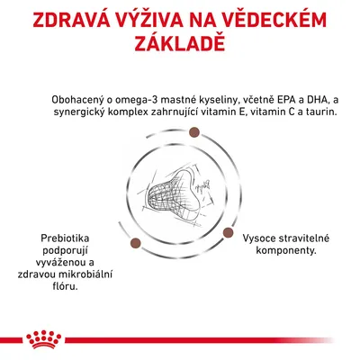 ZDRAVÁ VÝŽIVA NA VĚDECKÉM ZÁKLADĚ. Obohaceno o omega-3, EPA, DHA, vitaminy E a C, taurin. Prebiotika podporují mikrobiální flóru. Vysoce stravitelné komponenty.