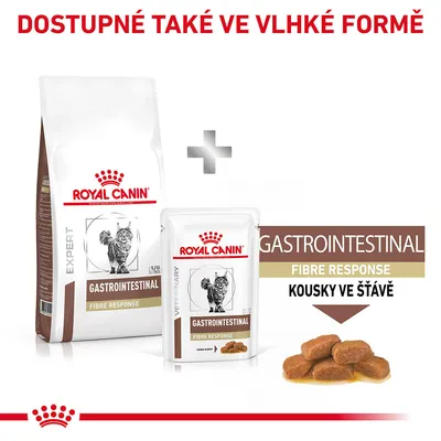 ROYAL CANIN GASTROINTESTINAL FIBRE RESPONSE pro kočky, suché i vlhké krmivo. Text: DOSTUPNÉ TAKÉ VE VLHKÉ FORMĚ, KOUKSY VE ŠŤÁVĚ.
