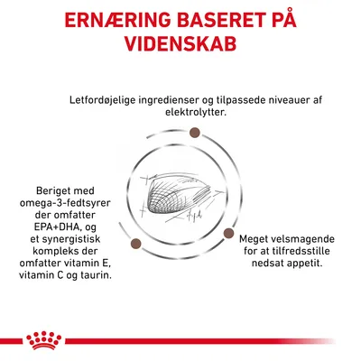 ERNÆRING BASERET PÅ VIDENSKAB. Letfordøjelige ingredienser, tilpassede elektrolytter, omega-3-fedtsyrer EPA+DHA, vitamin E, C og taurin, meget velsmagende for nedsat appetit.