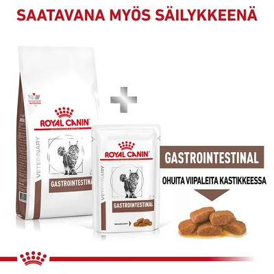 Royal Canin Gastrointestinal kissanruoka, saatavana kuivaruokana ja säilykkeenä. Teksti: GASTROINTESTINAL, ohuita viipaleita kastikkeessa.