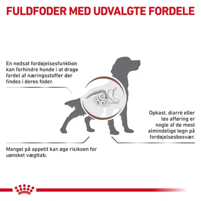 FULDFODER MED UDVALGTE FORDELE. En nedsat fordøjelsesfunktion kan forhindre hunde i at drage fordel af næringsstoffer. Opkast, diarré eller løs afføring er tegn på fordøjelsesbesvær. Mangel på appetit kan øge risikoen for uønsket vægttab.