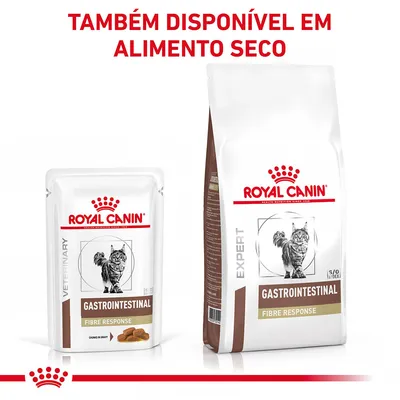 ROYAL CANIN GASTROINTESTINAL FIBRE RESPONSE para gatos, embalagem húmida e seca. Texto: 'TAMBÉM DISPONÍVEL EM ALIMENTO SECO'.