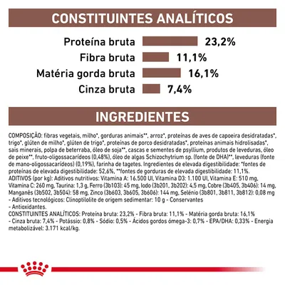 Constituintes analíticos: proteína bruta 23,2 %, fibra bruta 11,1 %, matéria gorda bruta 16,1 %, cinza bruta 7,4 %. Ingredientes e aditivos detalhados para ração animal visíveis.