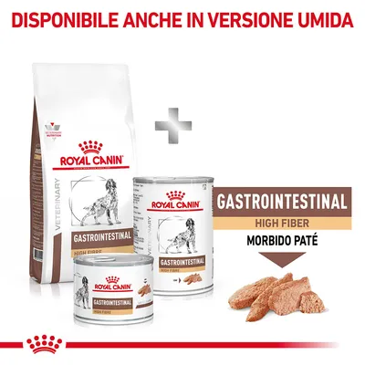 Royal Canin Gastrointestinal High Fiber per cani, confezione secca e lattine umido morbido paté. Testo visibile: disponibile anche in versione umida, morbido paté.