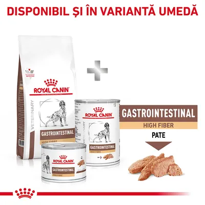 Royal Canin Gastrointestinal High Fiber pentru câini, uscat și umed. Text vizibil: DISPONIBIL ȘI ÎN VARIANTĂ UMEDĂ, GASTROINTESTINAL HIGH FIBER PATE.