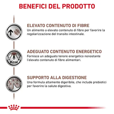 Benefici del prodotto: elevato contenuto di fibre per il transito intestinale, adeguato contenuto energetico, supporto alla digestione con formula digeribile e prebiotici.