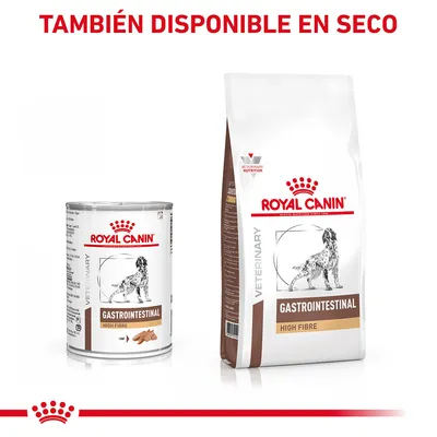 Royal Canin Gastrointestinal High Fibre para perros, disponible en lata y saco. Texto: 'TAMBIÉN DISPONIBLE EN SECO'. Imagen de perro en ambos envases.