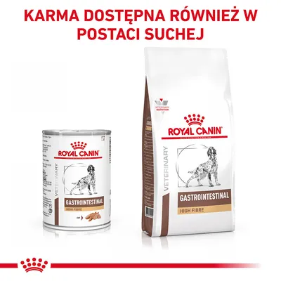 ROYAL CANIN GASTROINTESTINAL HIGH FIBRE karma mokra i sucha dla psów. Napis: KARMA DOSTĘPNA RÓWNIEŻ W POSTACI SUCHEJ.