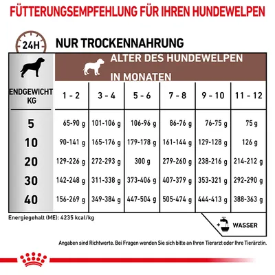 Fütterungsempfehlung für Hundewelpen: Endgewicht in kg und Alter in Monaten. Angaben zu Gramm pro Tag, Energiegehalt 4235 kcal/kg. Richtwerte, bei Fragen Tierarzt konsultieren.